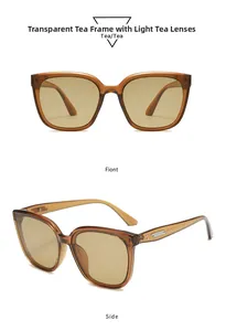 Front and side views of tea-colored square frame sunglasses with metal accents