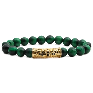 Bracciale di perle occhio di tigre verde con tubo cavo dorato e accenti di cristallo nero