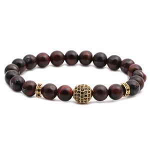 Tiger eye beaded bracelet with gold micro-pave zircon ball for men and women