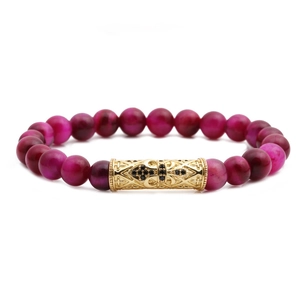 8mm tiger eye stone beaded bracelet with gold hollow metal tube and black crystals