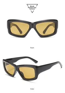 Front and side views of thick square sunglasses with black frames and tea lenses
