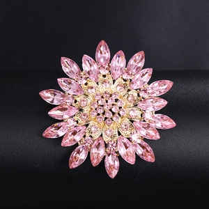 Pink rhinestone flower brooch with golden alloy plating and crystal petals for clothes