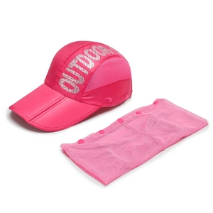 Pink outdoor sun hat with breathable mesh face cover and foldable brim for hiking