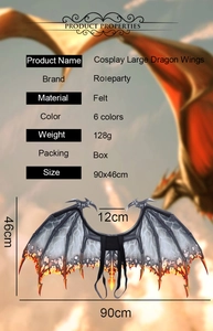 Detailed size chart for non-woven dragon wings showing 90x46cm dimensions and felt material