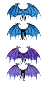 Detailed view of blue and purple dragon wings with realistic printed scales for costumes