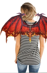 Detail of red and yellow flame pattern on non-woven dragon wings for adult cosplay