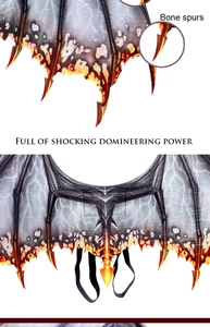 Detail view of dragon wings with bone spurs and lightning patterns for cosplay