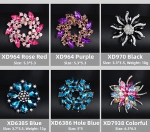 Detailed grid of crystal alloy brooches in various colors and sizes for clothing