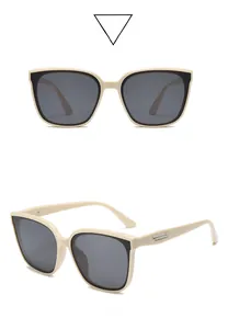 Front and side views of beige square sunglasses featuring stylish metal hinge detail
