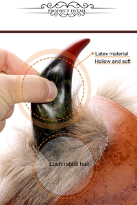 Macro detail of soft hollow latex horn accessory with lush rabbit hair trim