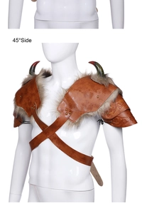 Detail of brown PU leather Viking pauldron with faux fur, horn, and Celtic embossing