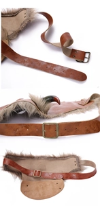 Detail of Viking shoulder armor with brown PU leather, faux fur and bronze buckles