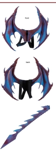 Detail view of purple dragon wings and tail set with realistic scale texture and back straps