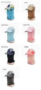 Detail showing multi-color sun hats with wide brim, mesh vents and neck flap covers