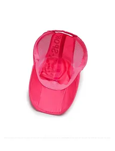 Detail view of the rose red sun hat featuring breathable mesh lining and elastic toggle