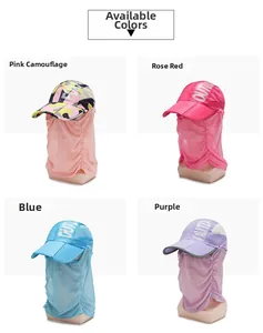 Detail of outdoor sun hats with mesh ventilation and neck flaps in multiple colors