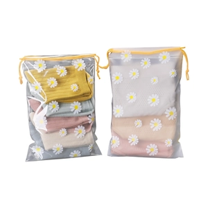 Frosted and clear daisy printed drawstring PE plastic storage bags for travel organization