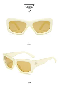 Front and side views of thick yellow frame sunglasses with tea-colored lenses