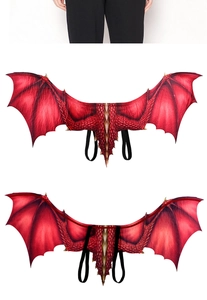 Detail view showing front and back of red dragon wings with scales and elastic straps