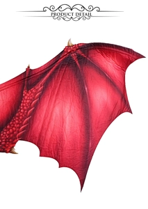 Close-up of red dragon wings featuring detailed 3D printed scales for cosplay costumes