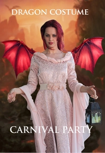 Detail of red dragon wings and pink dress for Halloween carnival cosplay costumes