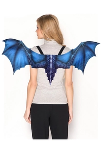 Detailed back view of adult blue dragon wings with realistic scale textures and straps