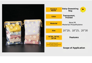 Detailed size chart for daisy drawstring PE bags with frosted and transparent options