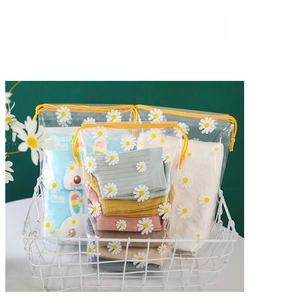 Daisy print transparent PVC drawstring bags showing various sizes for home organization