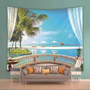 Detail of beach view tapestry with palm trees and pool on a minimalist green wall