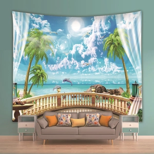 Close-up of bohemian 3D tapestry with tropical ocean view balcony and jumping dolphins