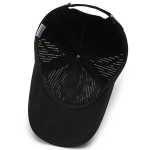 Black laser-cut baseball cap with breathable quick-dry fabric and adjustable strap