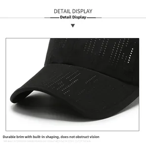 Detail of durable baseball cap brim with laser-cut holes and quick-dry fabric texture