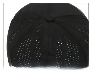Macro view of laser-cut ventilation holes and stitched seams on a black sports sun hat