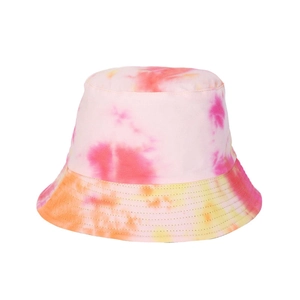 Detail eines Tie-Dye Fischerhuts mit rosa-gelbem Farbverlauf und verstärkten Nähten