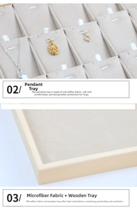 Detail of wooden jewelry tray with beige microfiber lining for pendant and necklace display