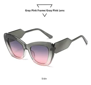 Seitenansicht der Cat-Eye-Sonnenbrille mit grau-rosa Verlauf und breiten Bügeln