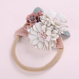 Floral baby headband with pearls and roses on a soft nylon band for infant girls