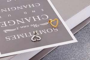 Detailed view of hollow heart stud earrings in gold and silver finishes on display card