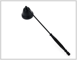 Matte black metal candle snuffer with long handle and bell head on white background