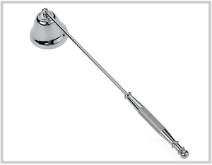 Polished silver stainless steel candle snuffer with knurled handle on white background