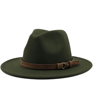 Dark green wool fedora hat with brown leather belt and gold buckle on white background