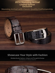 Detailed view of crocodile pattern leather belts with silver metal pin buckles on wood