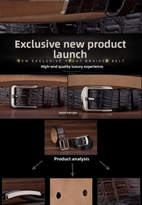 Detail of crocodile pattern leather belt with polished metal pin buckle on wood background
