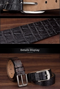 Detail showing crocodile texture leather belts with classic silver metal pin buckles