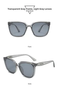 Detailed front and side views of transparent grey square frame sunglasses with metal accents