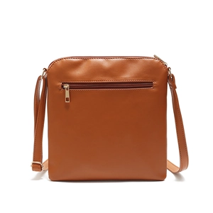 Detailed close-up of brown faux leather crossbody bag with metal zipper and pebbled texture