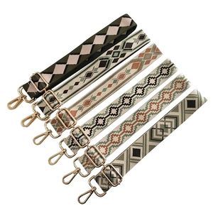 Set of six bohemian jacquard woven shoulder straps with vintage geometric patterns and gold clips