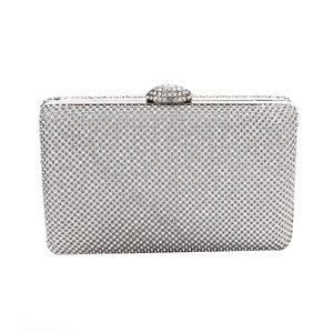 Elegant silver rectangular evening clutch bag encrusted with shimmering rhinestones
