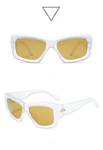 Front and side views of chunky transparent rectangular sunglasses with tea lenses