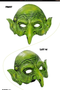 Detailed front and 45-degree side views of a green goblin witch mask for Halloween parties
